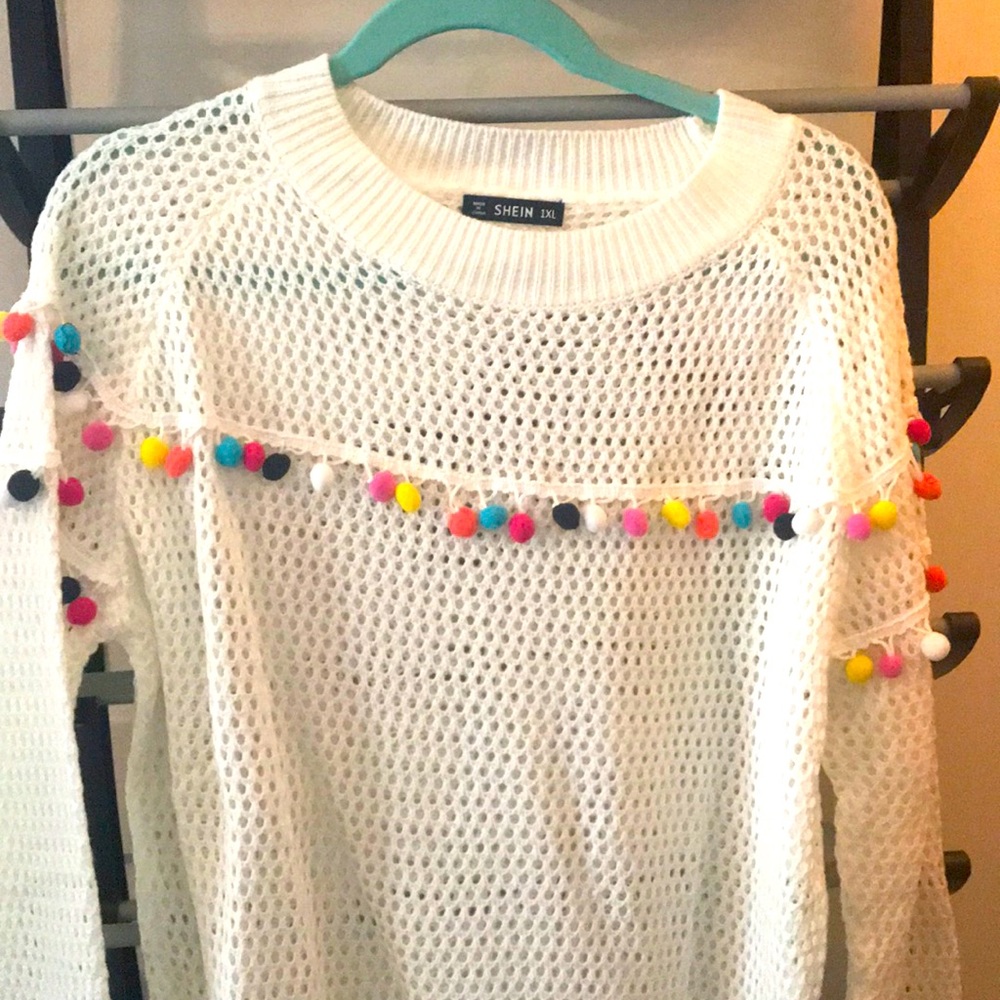 SHEIN white sweater with colorful pompoms